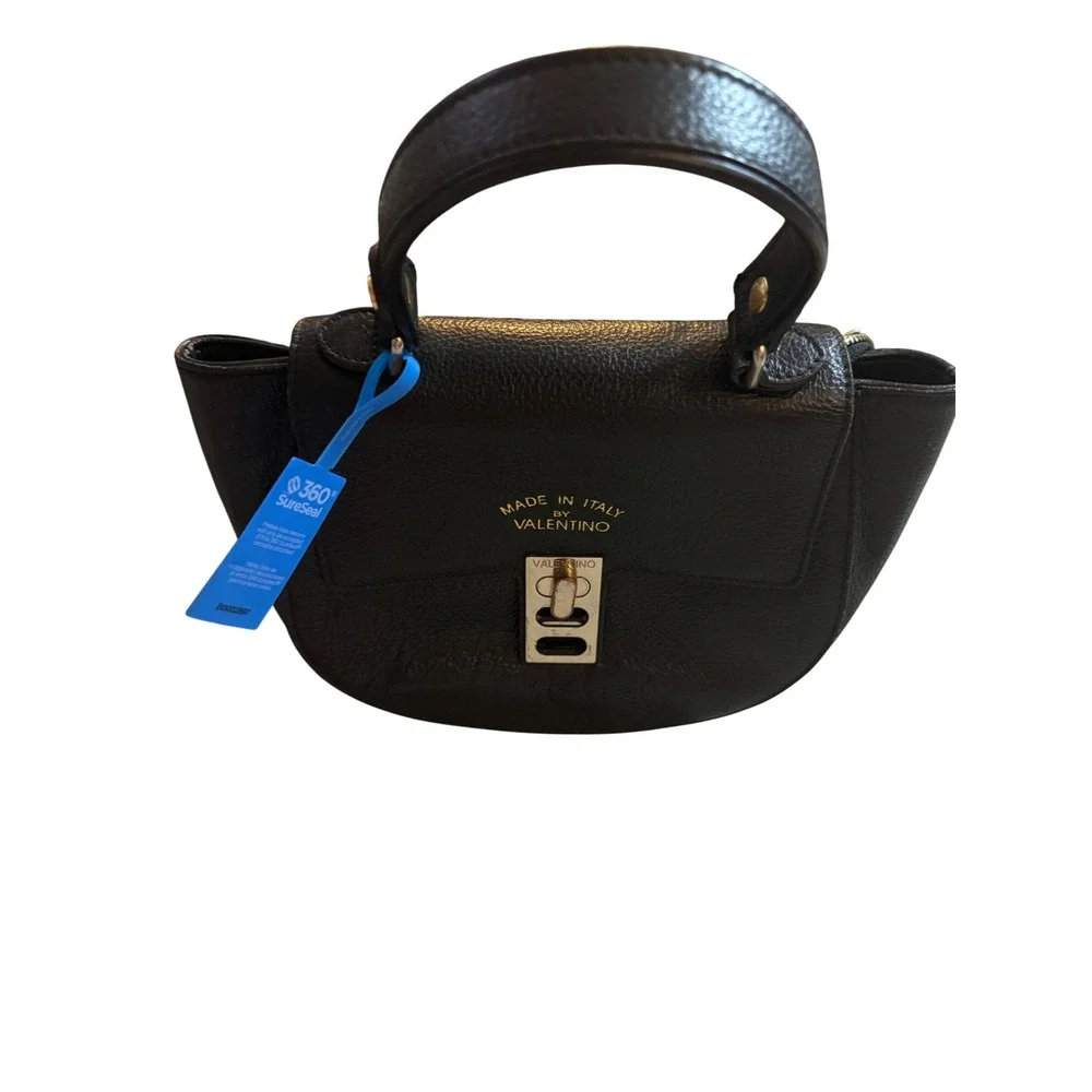 Mario Valentino Black Pebbled Leather Top Handle Bag Made in Italy Turn Lock - Picture 8 of 11